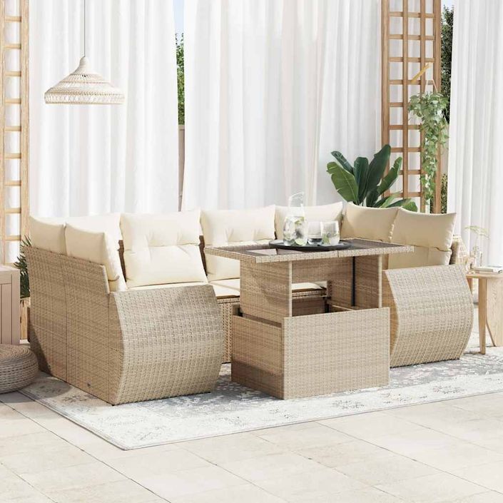 Salon de jardin avec coussins 7 pcs beige résine tressée - Photo n°1