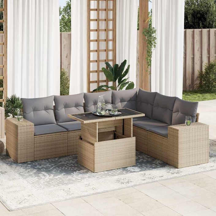 Salon de jardin avec coussins 7 pcs beige résine tressée - Photo n°1