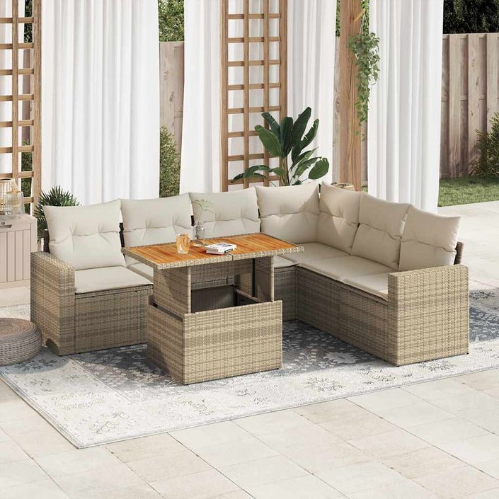 Salon de jardin avec coussins 7 pcs beige résine tressée - Photo n°1