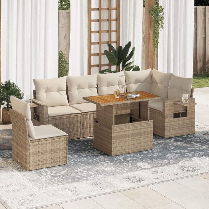 Salon de jardin avec coussins 7 pcs beige résine tressée - Photo n°1