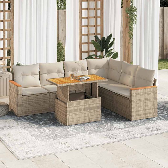 Salon de jardin avec coussins 7 pcs beige résine tressée acacia - Photo n°1