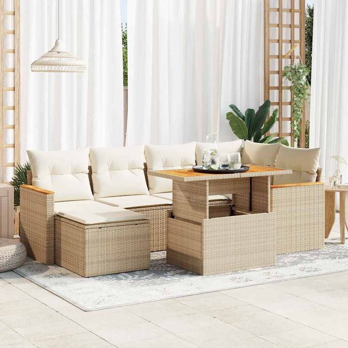 Salon de jardin avec coussins 7 pcs beige résine tressée acacia - Photo n°1