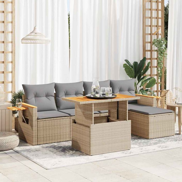 Salon de jardin avec coussins 7 pcs beige résine tressée acacia - Photo n°1