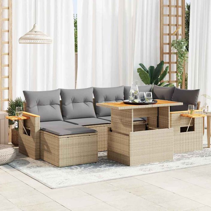 Salon de jardin avec coussins 7 pcs beige résine tressée acacia - Photo n°1