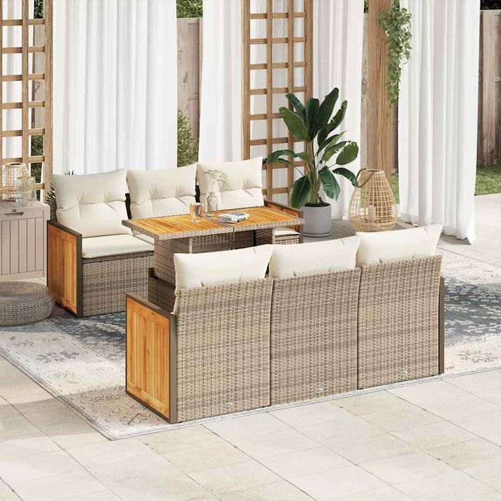 Salon de jardin avec coussins 7 pcs beige résine tressée acacia - Photo n°1