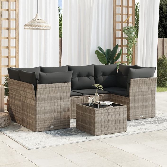 Salon de jardin avec coussins 7 pcs gris clair résine tressée - Photo n°1