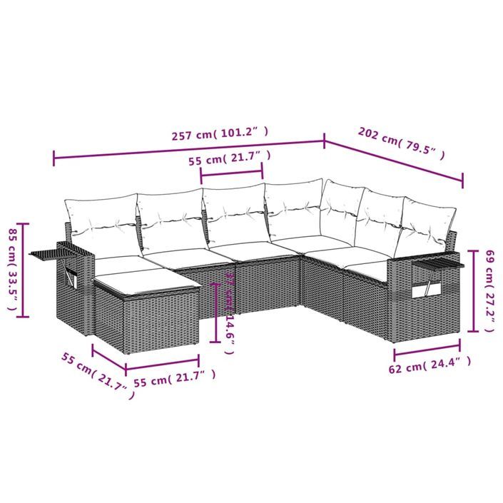 Salon de jardin avec coussins 7 pcs gris clair résine tressée - Photo n°9