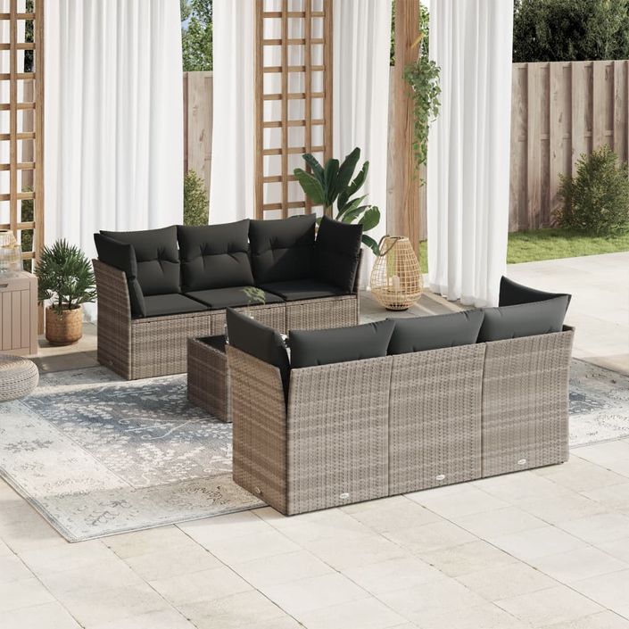 Salon de jardin avec coussins 7 pcs gris clair résine tressée - Photo n°1