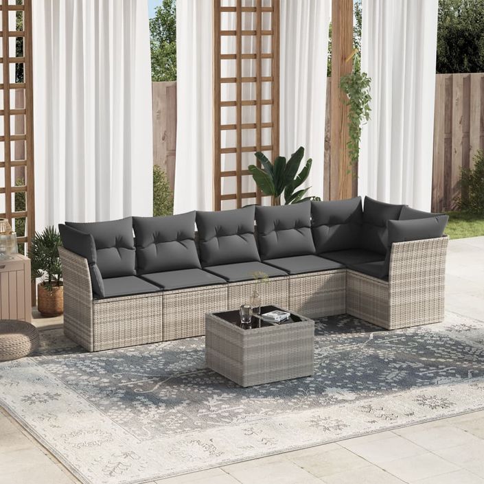 Salon de jardin avec coussins 7 pcs gris clair résine tressée - Photo n°1