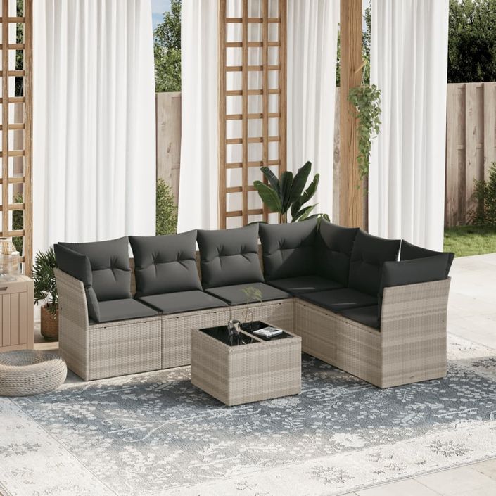 Salon de jardin avec coussins 7 pcs gris clair résine tressée - Photo n°1