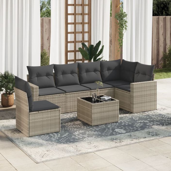 Salon de jardin avec coussins 7 pcs gris clair résine tressée - Photo n°1