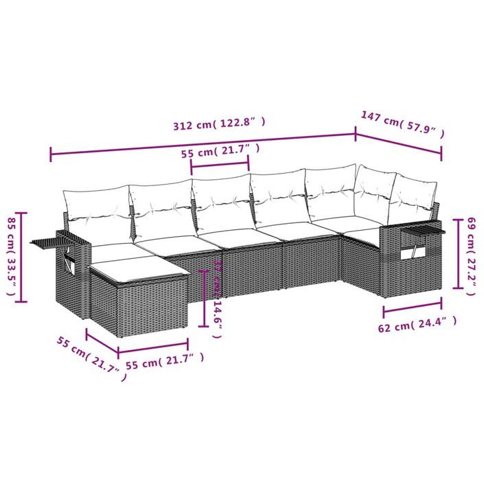 Salon de jardin avec coussins 7 pcs gris clair résine tressée - Photo n°3