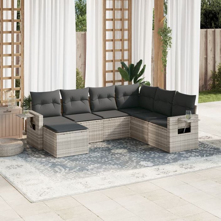 Salon de jardin avec coussins 7 pcs gris clair résine tressée - Photo n°1