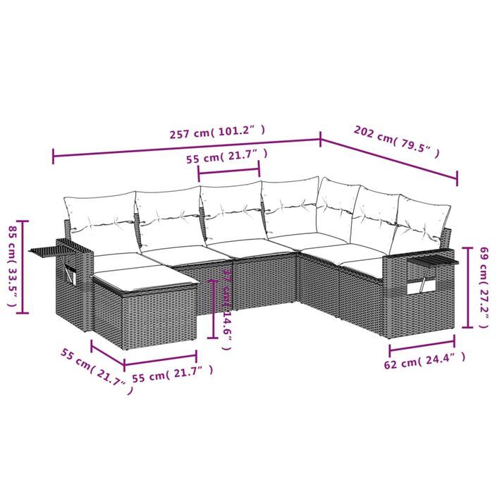 Salon de jardin avec coussins 7 pcs gris clair résine tressée - Photo n°3