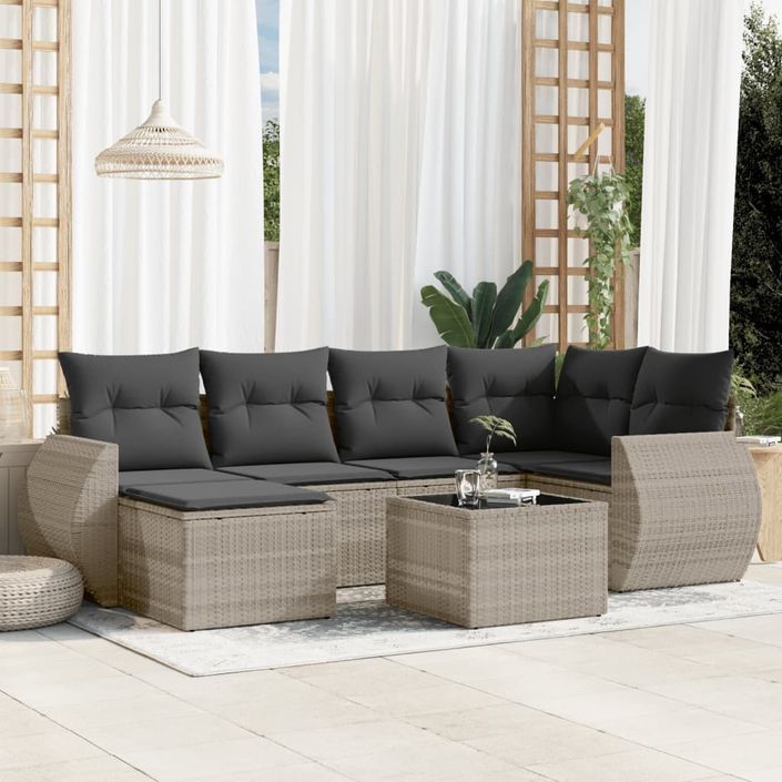 Salon de jardin avec coussins 7 pcs gris clair résine tressée - Photo n°1