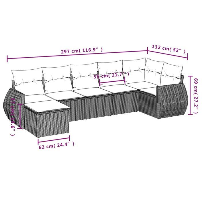 Salon de jardin avec coussins 7 pcs gris clair résine tressée - Photo n°3