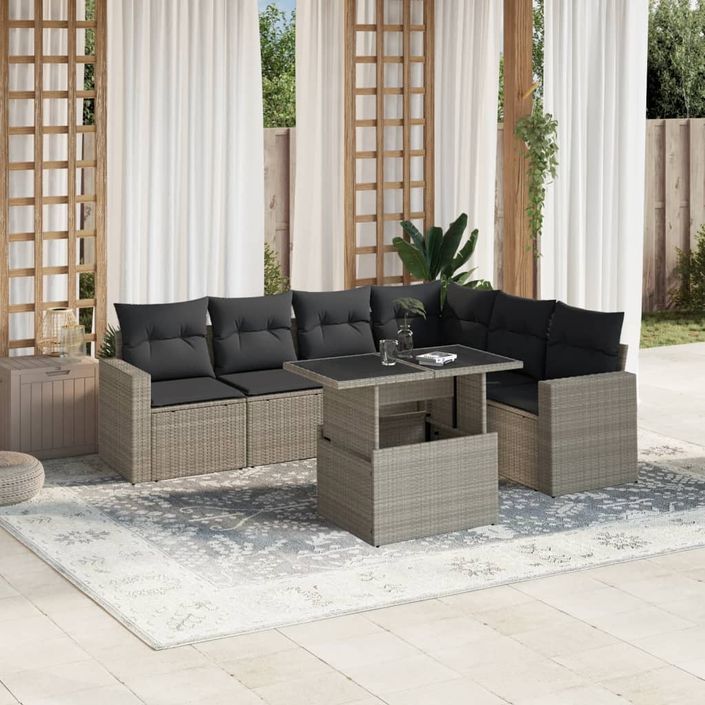 Salon de jardin avec coussins 7 pcs gris clair résine tressée - Photo n°1