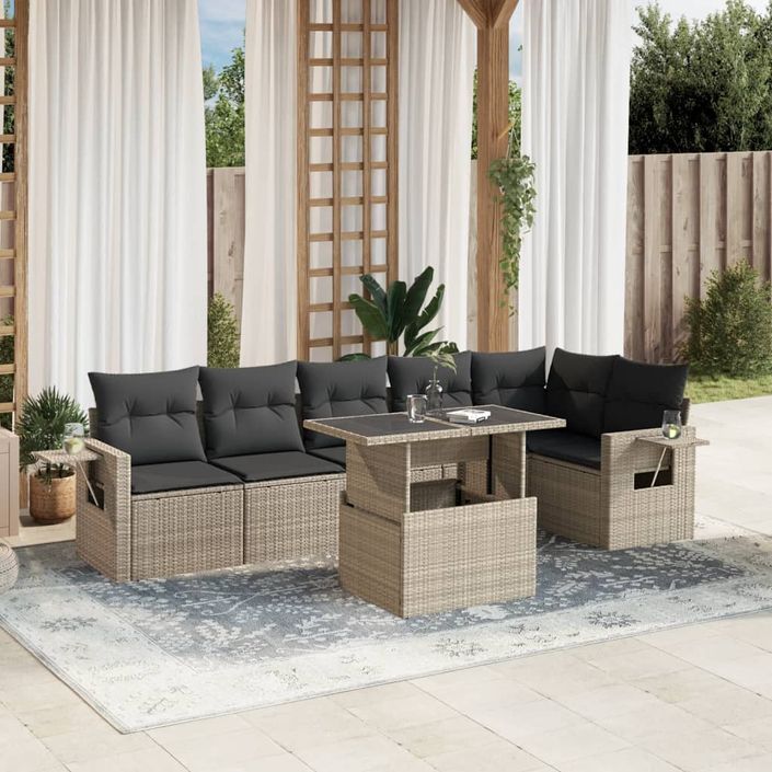 Salon de jardin avec coussins 7 pcs gris clair résine tressée - Photo n°1