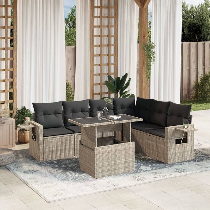 Salon de jardin avec coussins 7 pcs gris clair résine tressée - Photo n°1