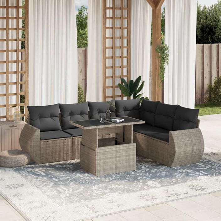 Salon de jardin avec coussins 7 pcs gris clair résine tressée - Photo n°1