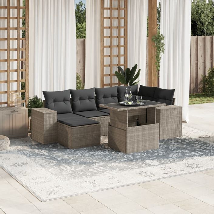 Salon de jardin avec coussins 7 pcs gris clair résine tressée - Photo n°1