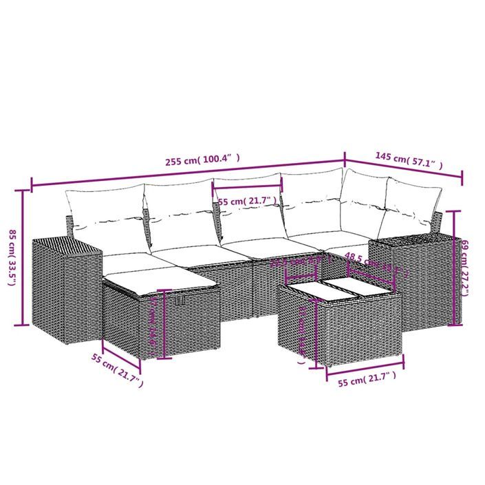 Salon de jardin avec coussins 7 pcs gris clair résine tressée - Photo n°4