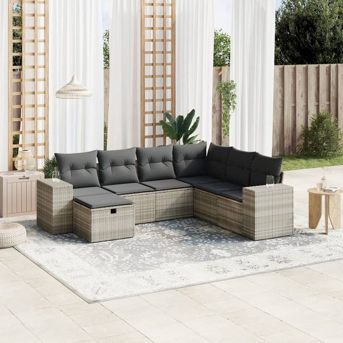 Salon de jardin avec coussins 7 pcs gris clair résine tressée - Photo n°1