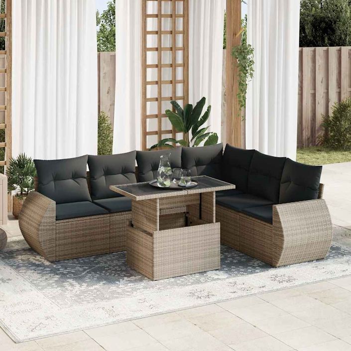 Salon de jardin avec coussins 7 pcs gris résine tressée - Photo n°1