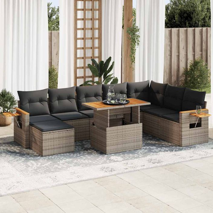 Salon de jardin avec coussins 7 pcs gris résine tressée acacia - Photo n°1