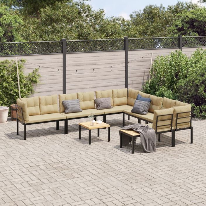 Salon de jardin avec coussins 7 pcs noir acier enduit de poudre - Photo n°1