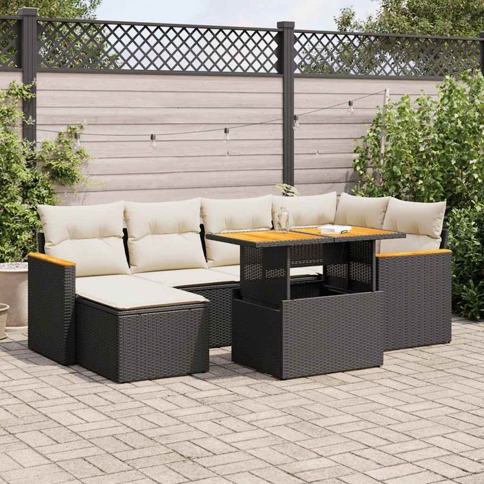 Salon de jardin avec coussins 7 pcs noir résine tressée acacia - Photo n°1