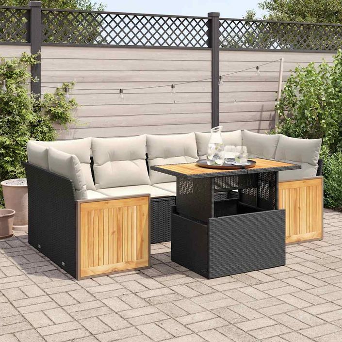 Salon de jardin avec coussins 7 pcs noir résine tressée acacia - Photo n°1