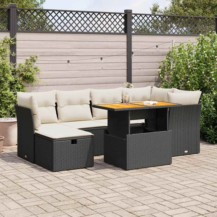 Salon de jardin avec coussins 7 pcs noir résine tressée acacia - Photo n°1