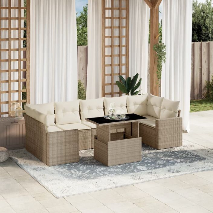 Salon de jardin avec coussins 8 pcs beige résine tressée - Photo n°1