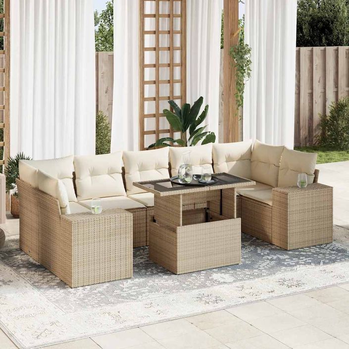 Salon de jardin avec coussins 8 pcs beige résine tressée - Photo n°1