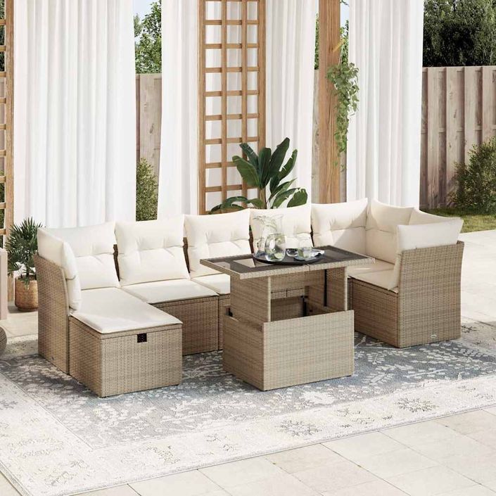 Salon de jardin avec coussins 8 pcs beige résine tressée - Photo n°1