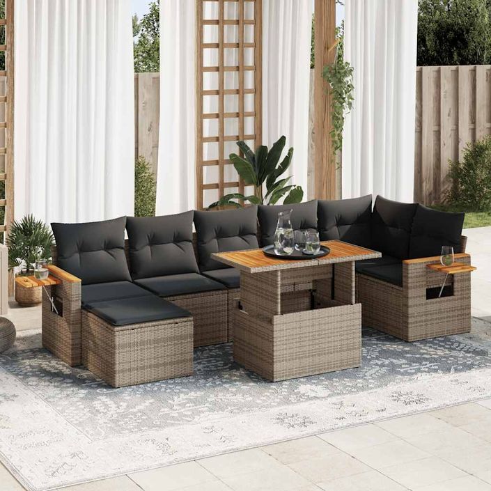 Salon de jardin avec coussins 8 pcs gris résine tressée acacia - Photo n°1