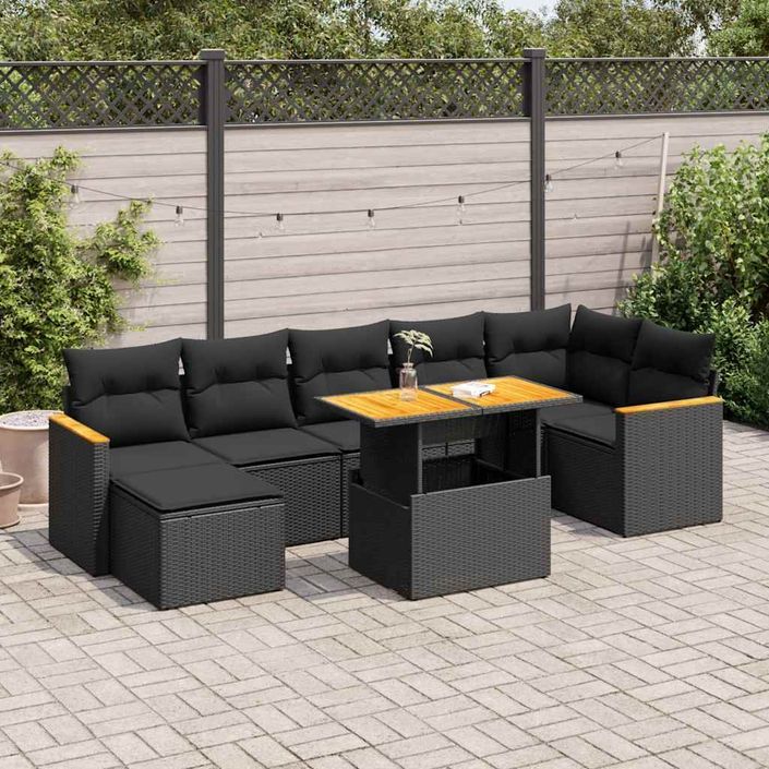 Salon de jardin avec coussins 8 pcs noir résine tressée acacia - Photo n°1