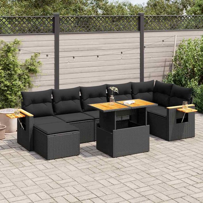 Salon de jardin avec coussins 8 pcs noir résine tressée acacia - Photo n°1