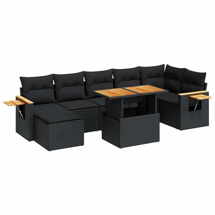 Salon de jardin avec coussins 8 pcs noir résine tressée acacia - Photo n°2