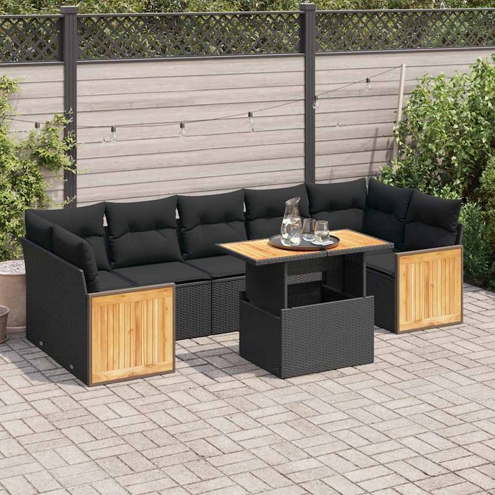 Salon de jardin avec coussins 8 pcs noir résine tressée acacia - Photo n°1