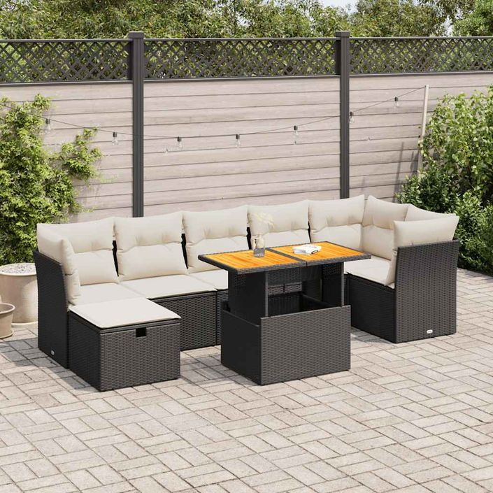 Salon de jardin avec coussins 8 pcs noir résine tressée acacia - Photo n°1