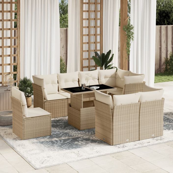 Salon de jardin avec coussins 9 pcs beige résine tressée - Photo n°1