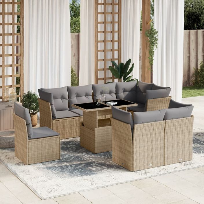 Salon de jardin avec coussins 9 pcs beige résine tressée - Photo n°1