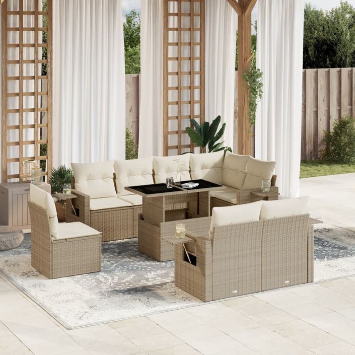 Salon de jardin avec coussins 9 pcs beige résine tressée - Photo n°1