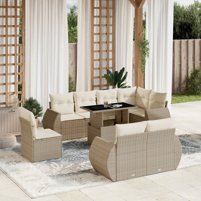 Salon de jardin avec coussins 9 pcs beige résine tressée - Photo n°1