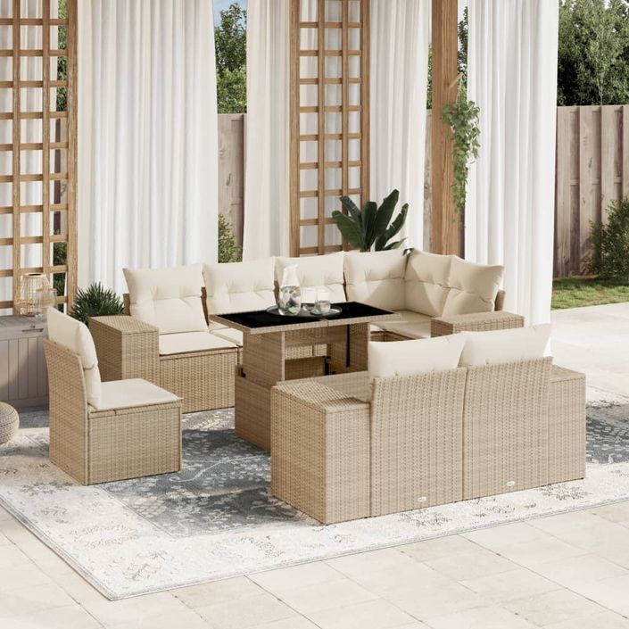 Salon de jardin avec coussins 9 pcs beige résine tressée - Photo n°1