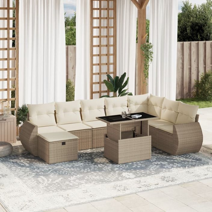 Salon de jardin avec coussins 9 pcs beige résine tressée - Photo n°1