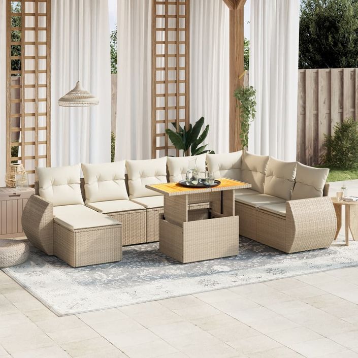 Salon de jardin avec coussins 9 pcs beige résine tressée - Photo n°1