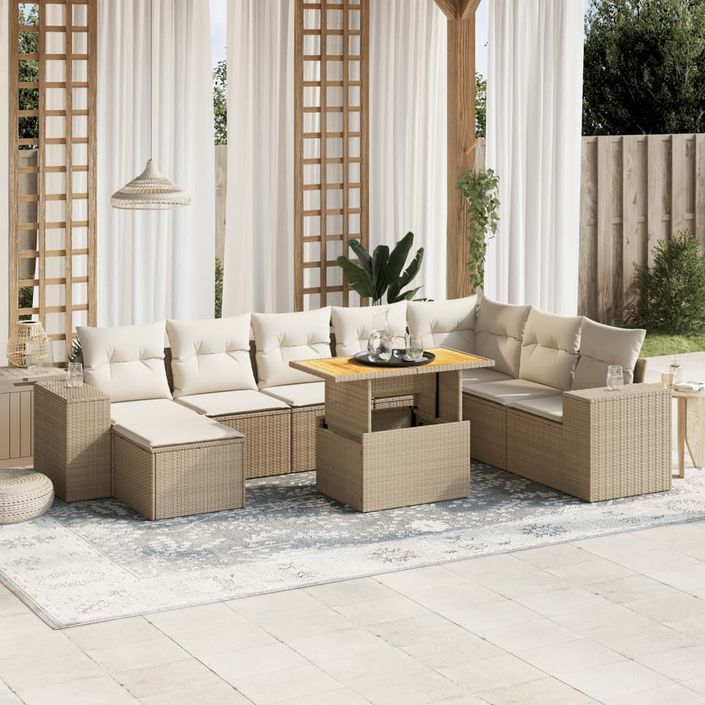 Salon de jardin avec coussins 9 pcs beige résine tressée - Photo n°1